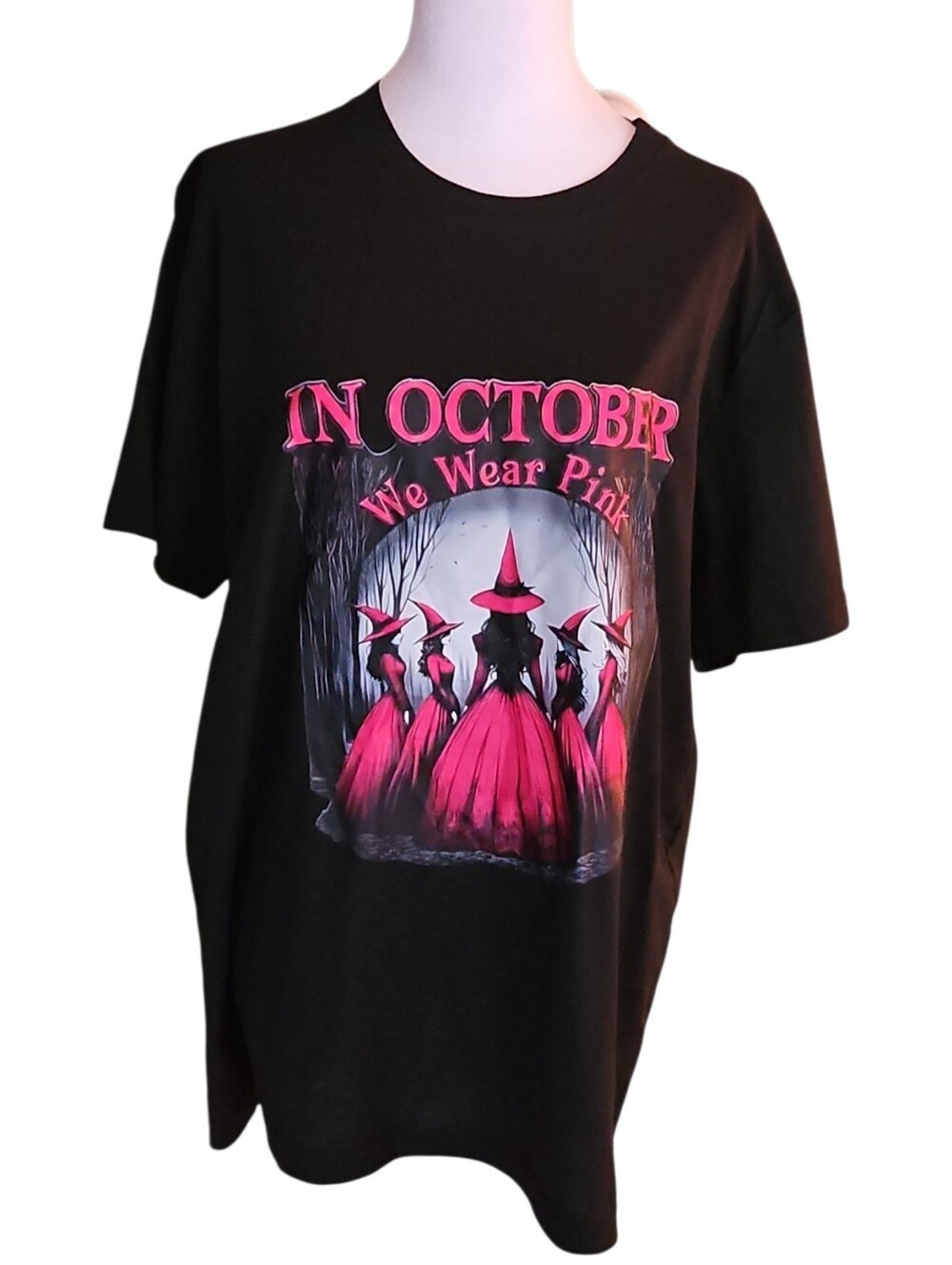 In October We Wear Pink Graphic Tee - Pink on Black